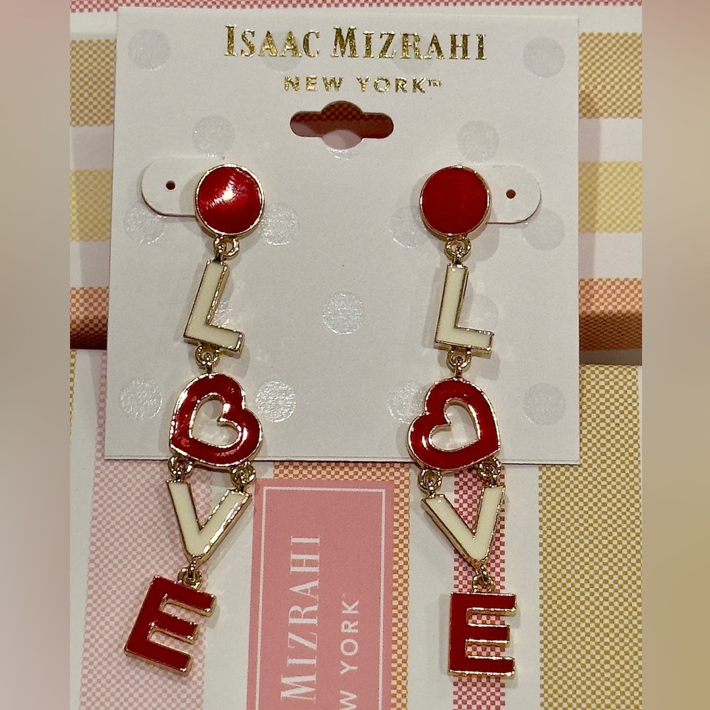 ISAAC MIZRAHI Gold Tone Red and White Love Post  Earrings
